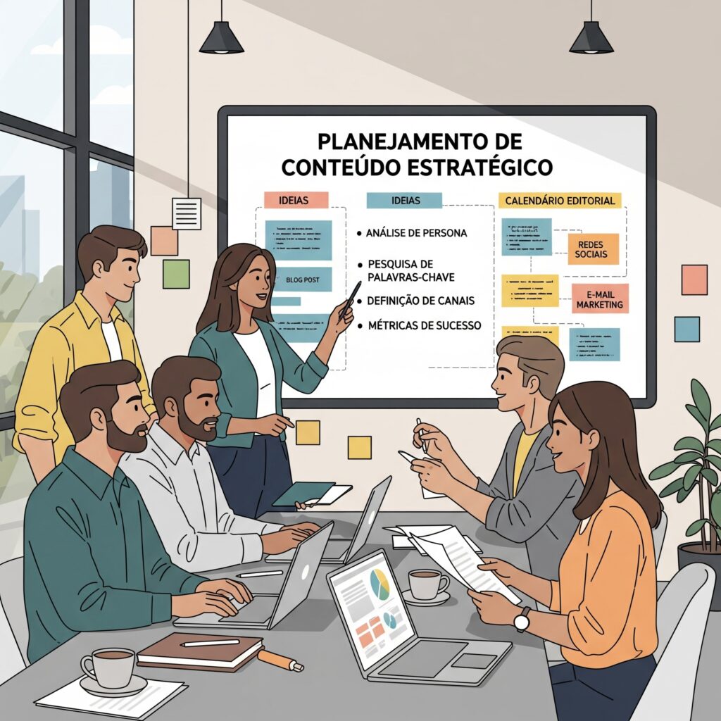 lustração de um grupo de profissionais em um ambiente de escritório moderno. Eles estão reunidos em torno de uma tela grande que exibe um mapa de planejamento de conteúdo com rótulos em português como "Planejamento de Conteúdo Estratégico", "Ideias" e "Calendário Editorial".