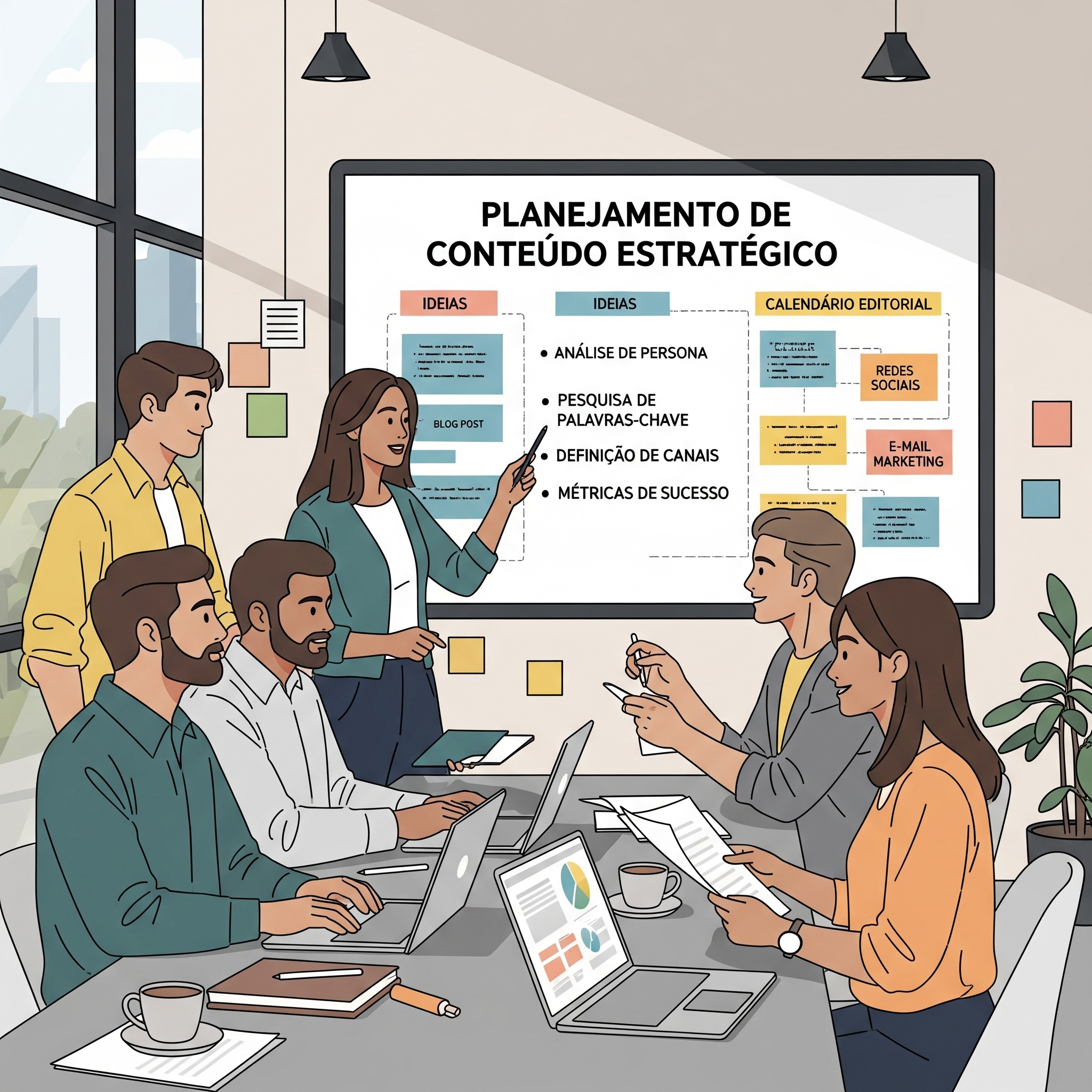 lustração de um grupo de profissionais em um ambiente de escritório moderno. Eles estão reunidos em torno de uma tela grande que exibe um mapa de planejamento de conteúdo com rótulos em português como "Planejamento de Conteúdo Estratégico", "Ideias" e "Calendário Editorial".